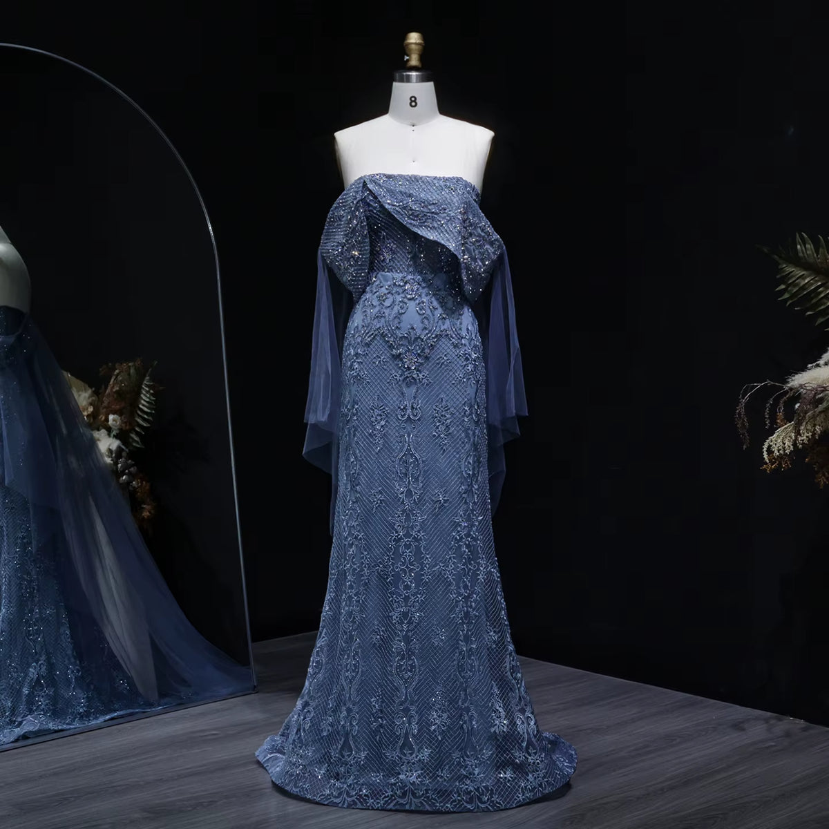 Luxury Blue Beaded Off-Shoulder Evening Dress SS083