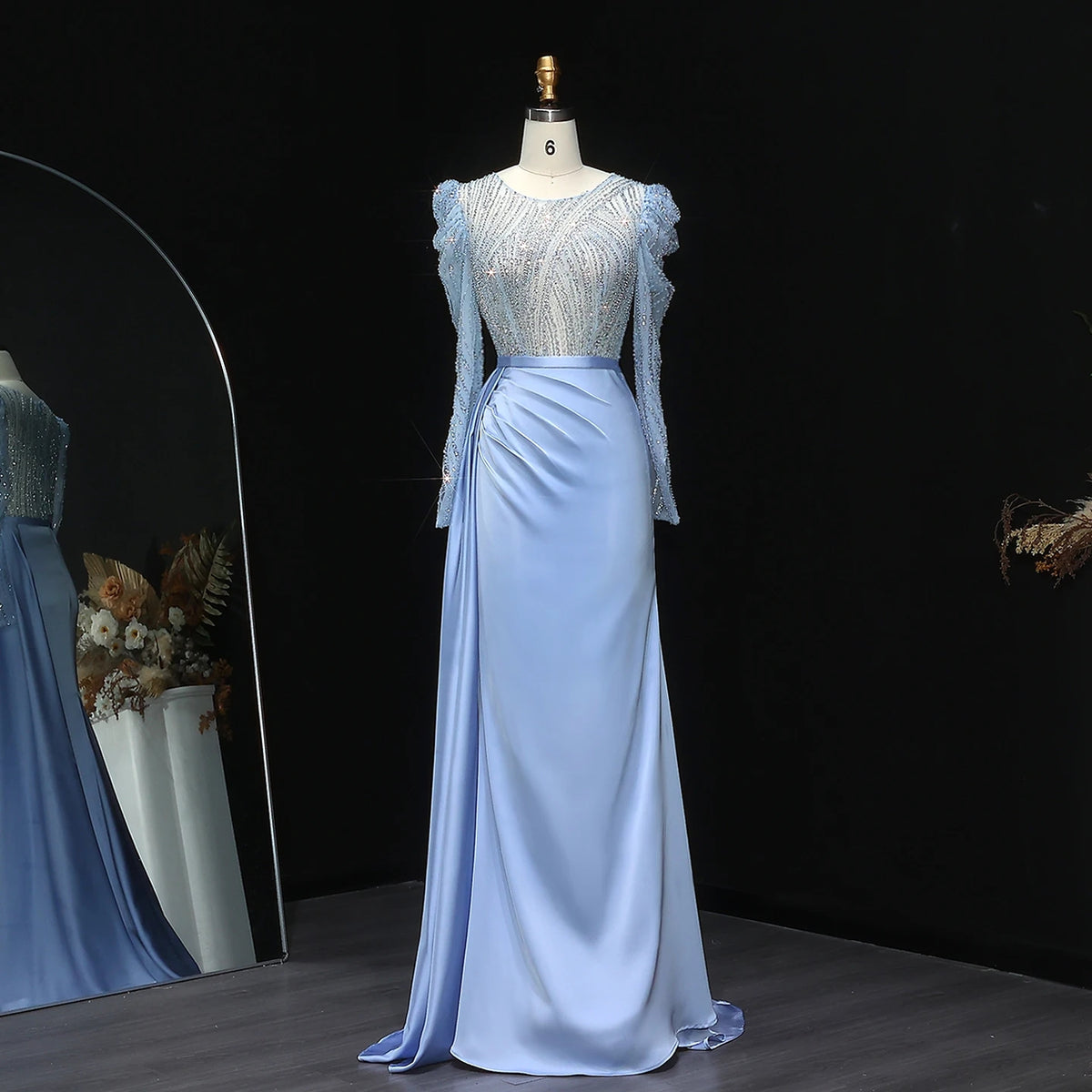 Elegant Gold Mermaid Long Sleeves Evening Dress Blue SS072