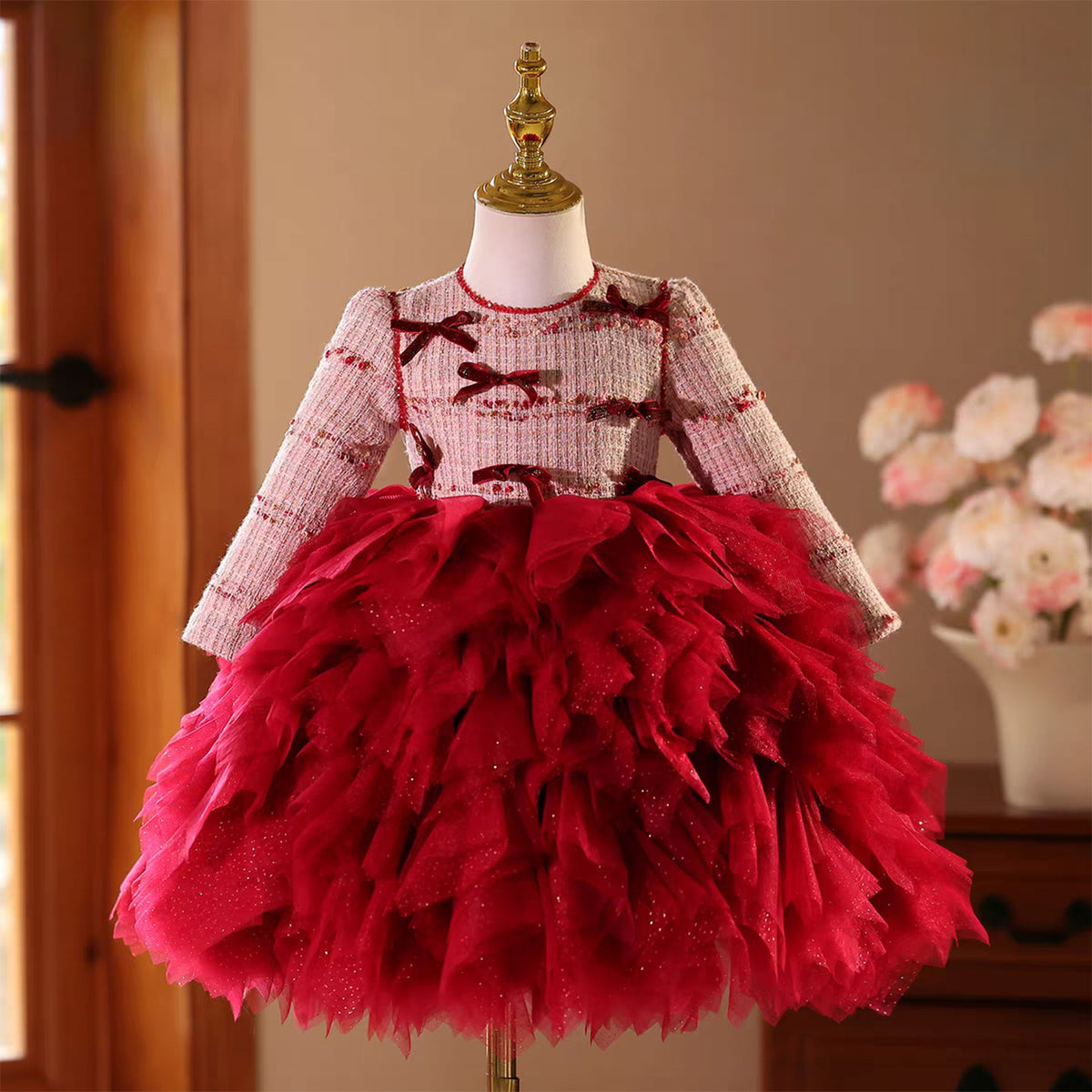 Long Sleeve Girl Dress Kids Princess Birthday Gown In Burgundy J833