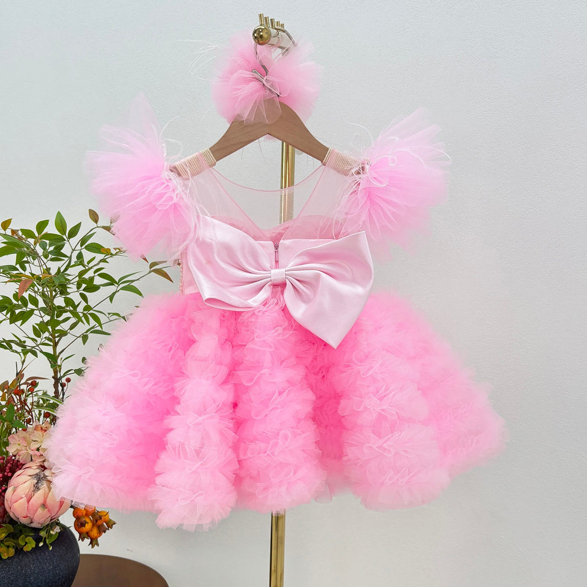 C010 pink pearl ruffle tulle girls puffy dress