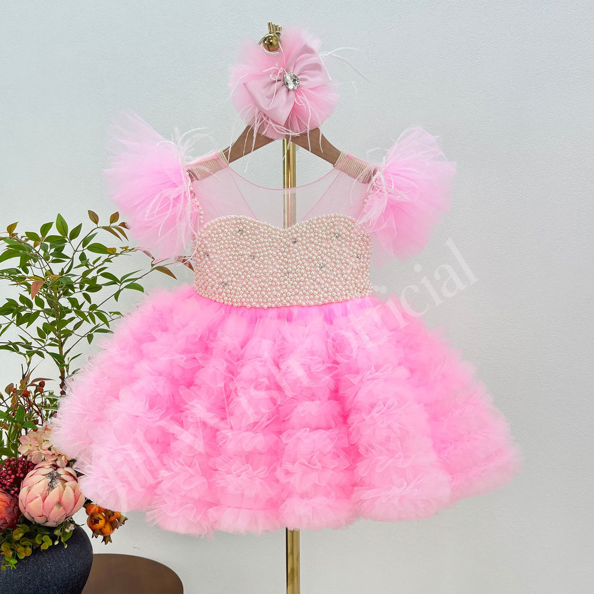 Pink Pearl Ruffle Tulle Girls Puffy Dress C010