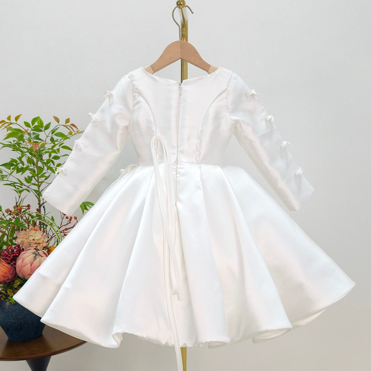 C015 white satin bow girls occasion dress back