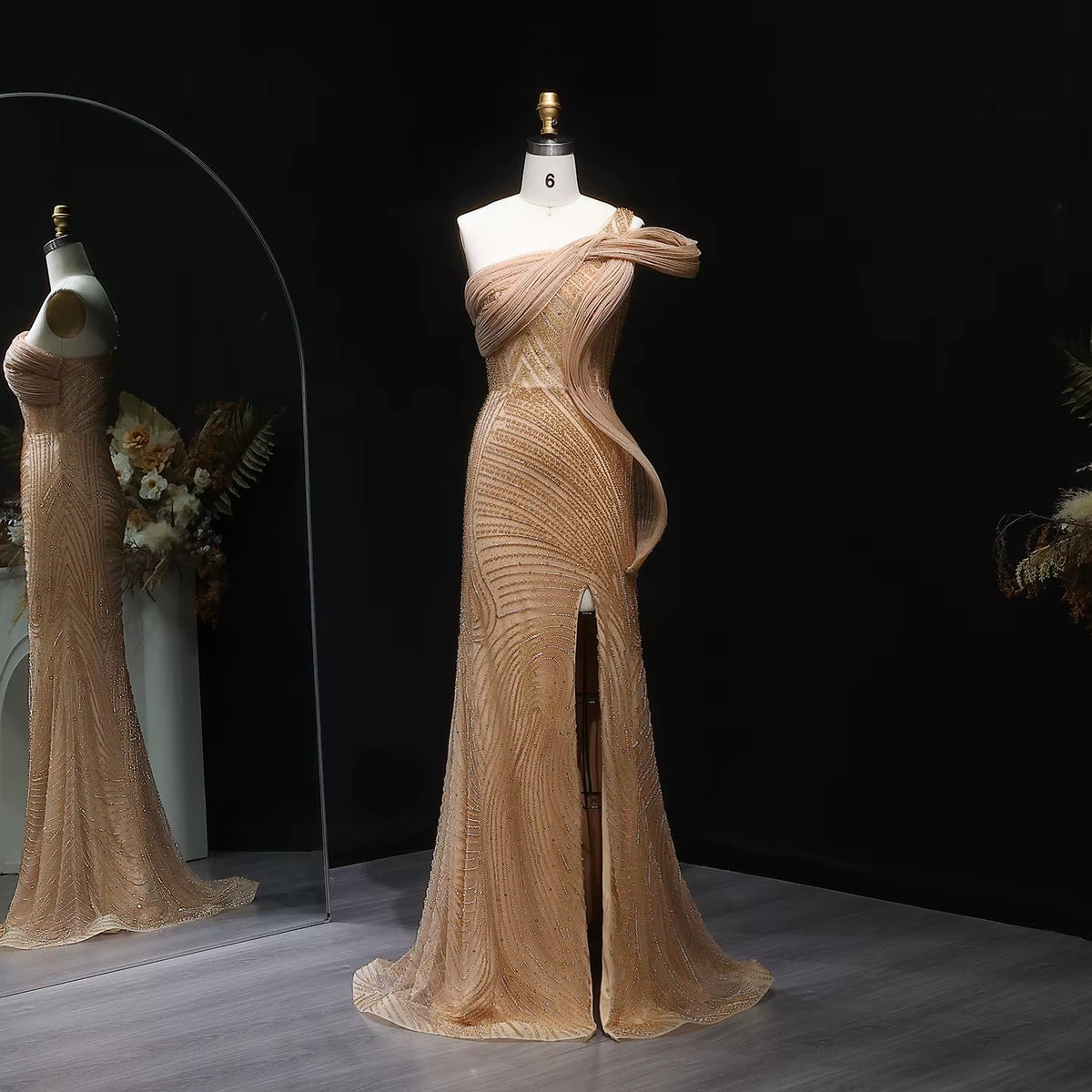 Glamorous Crystal Beaded Evening Dress with High Slit SS088