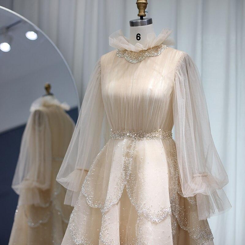 Champagne Long Sleeve Muslim Evening Dresses 2023 Luxury Dubai Arabic Formal Dreess for Women Wedding Party SS480