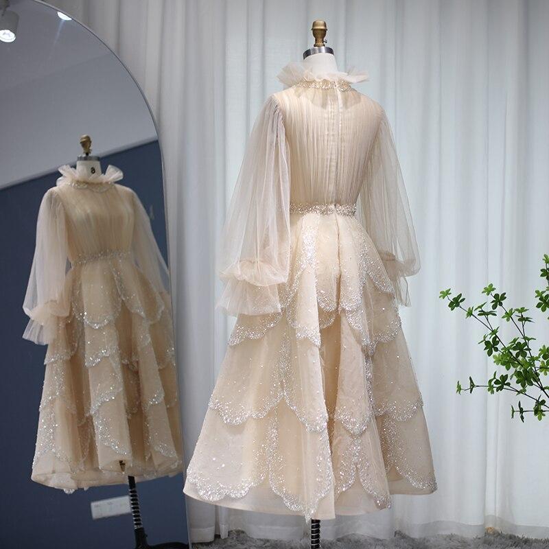 Champagne Long Sleeve Muslim Evening Dresses 2023 Luxury Dubai Arabic Formal Dreess for Women Wedding Party SS480
