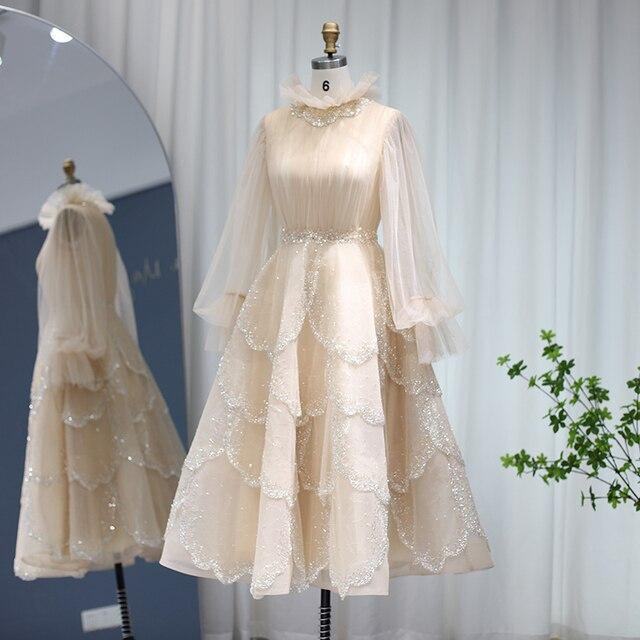 Champagne Long Sleeve Muslim Evening Dresses 2023 Luxury Dubai Arabic Formal Dreess for Women Wedding Party SS480