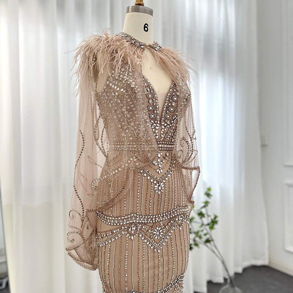 Champagne Mermaid Evening Dress with Feathers Shawl Cape Luxury Dubai Prom Dresses Long Graduation Formal Gown SS039