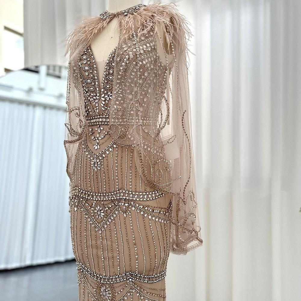 Champagne Mermaid Evening Dress with Feathers Shawl Cape Luxury Dubai Prom Dresses Long Graduation Formal Gown SS039