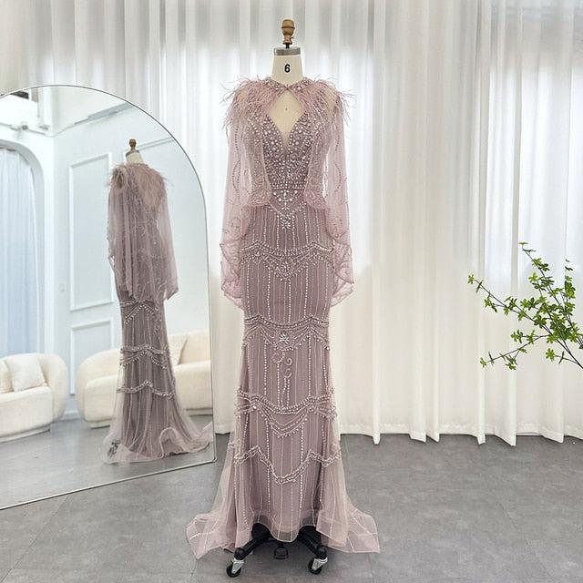 Champagne Mermaid Evening Dress with Feathers Shawl Cape Luxury Dubai Prom Dresses Long Graduation Formal Gown SS039