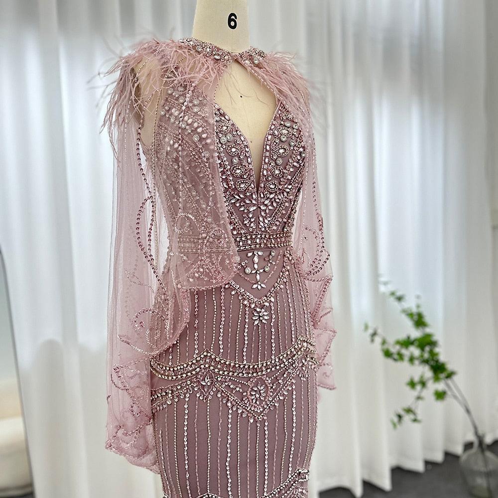 Champagne Mermaid Evening Dress with Feathers Shawl Cape Luxury Dubai Prom Dresses Long Graduation Formal Gown SS039