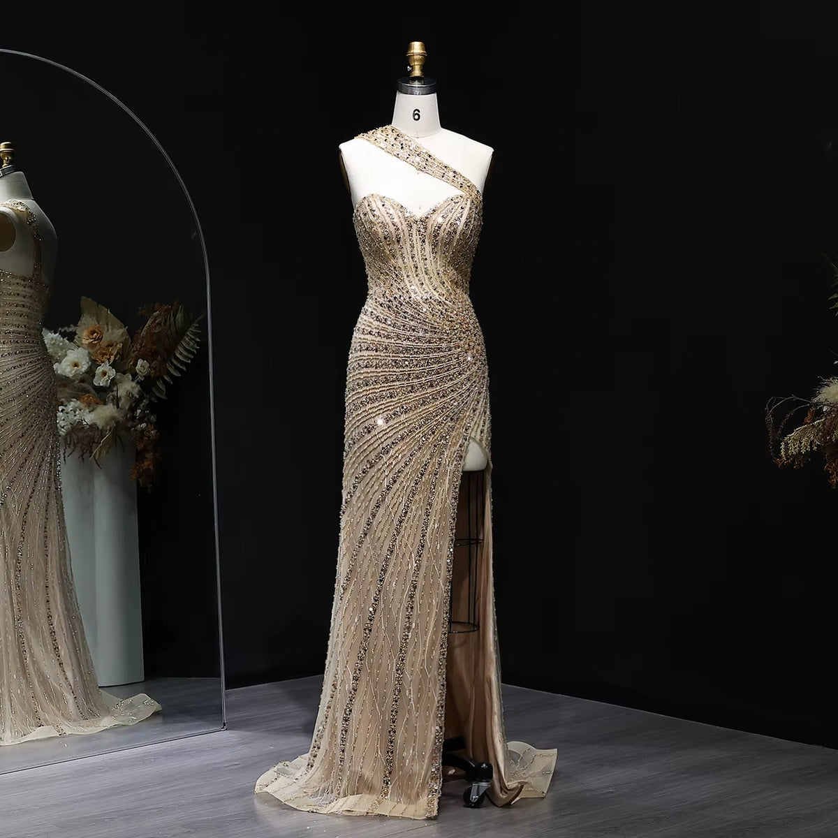 Sparkling Crystal Champagne Evening Dress with Elegant Side Slit SS084