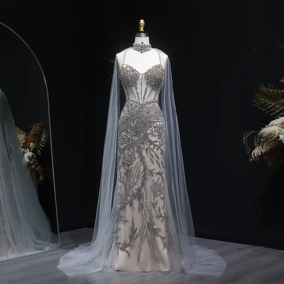 Luxury Champagne Beaded Party Evening Dress with Dramatic Cape SS071