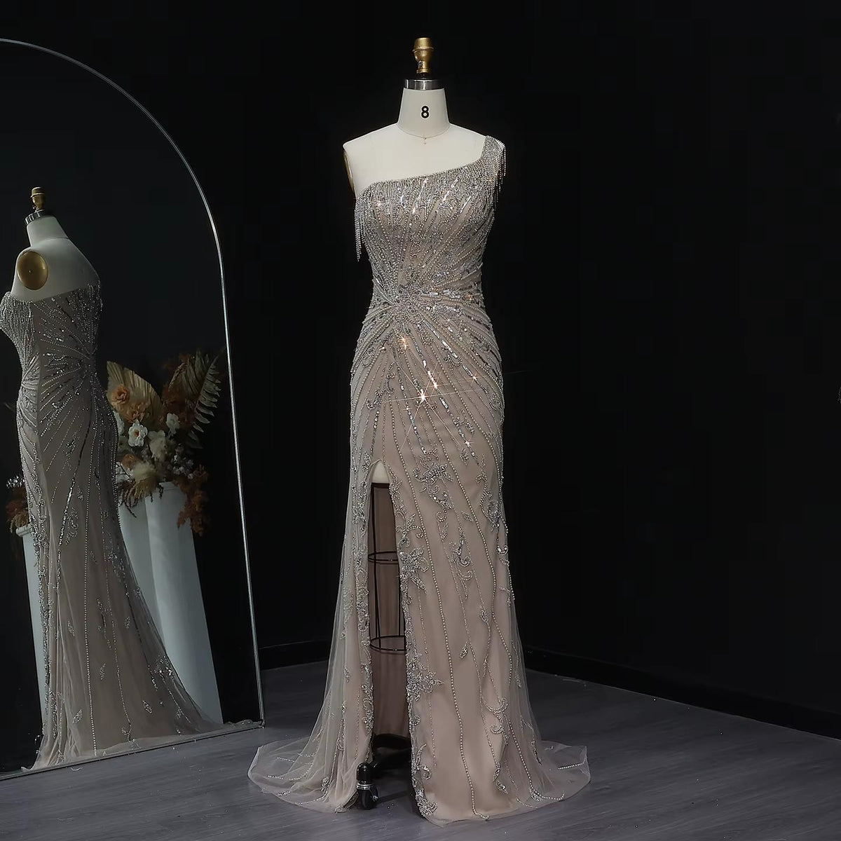 Champagne One Shoulder Tassel Mermaid Evening Dress SS031