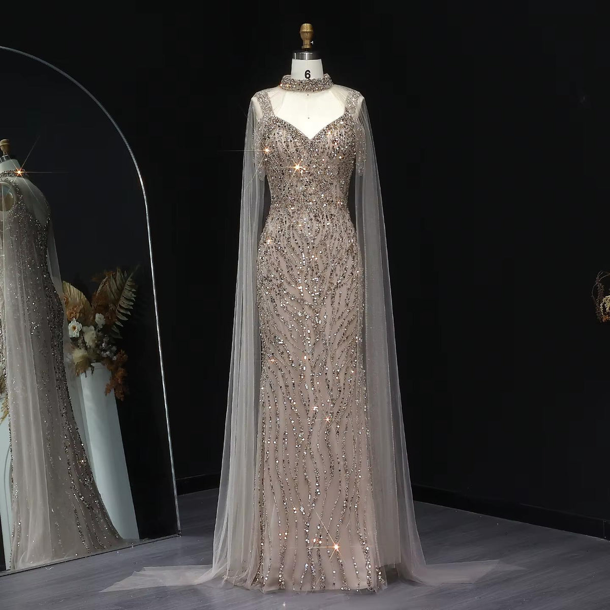 Pink Arabic Mermaid Evening Dress with Cape Sleeves SS033