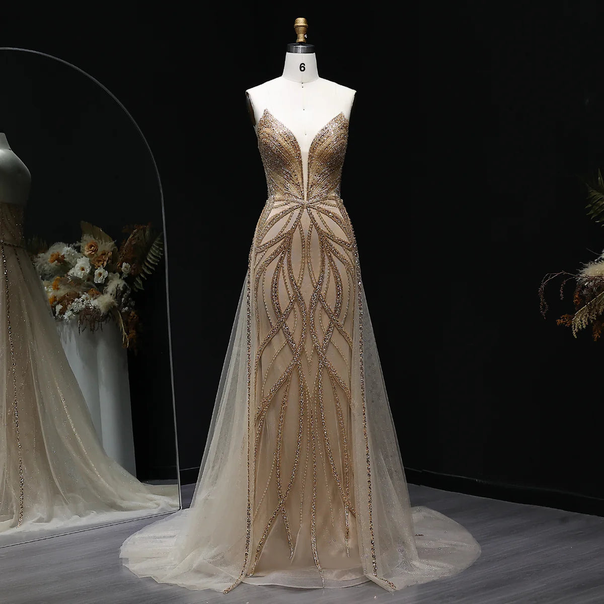 Elegant Champagne Beaded Evening Dress with Flowing Overskirt SS068