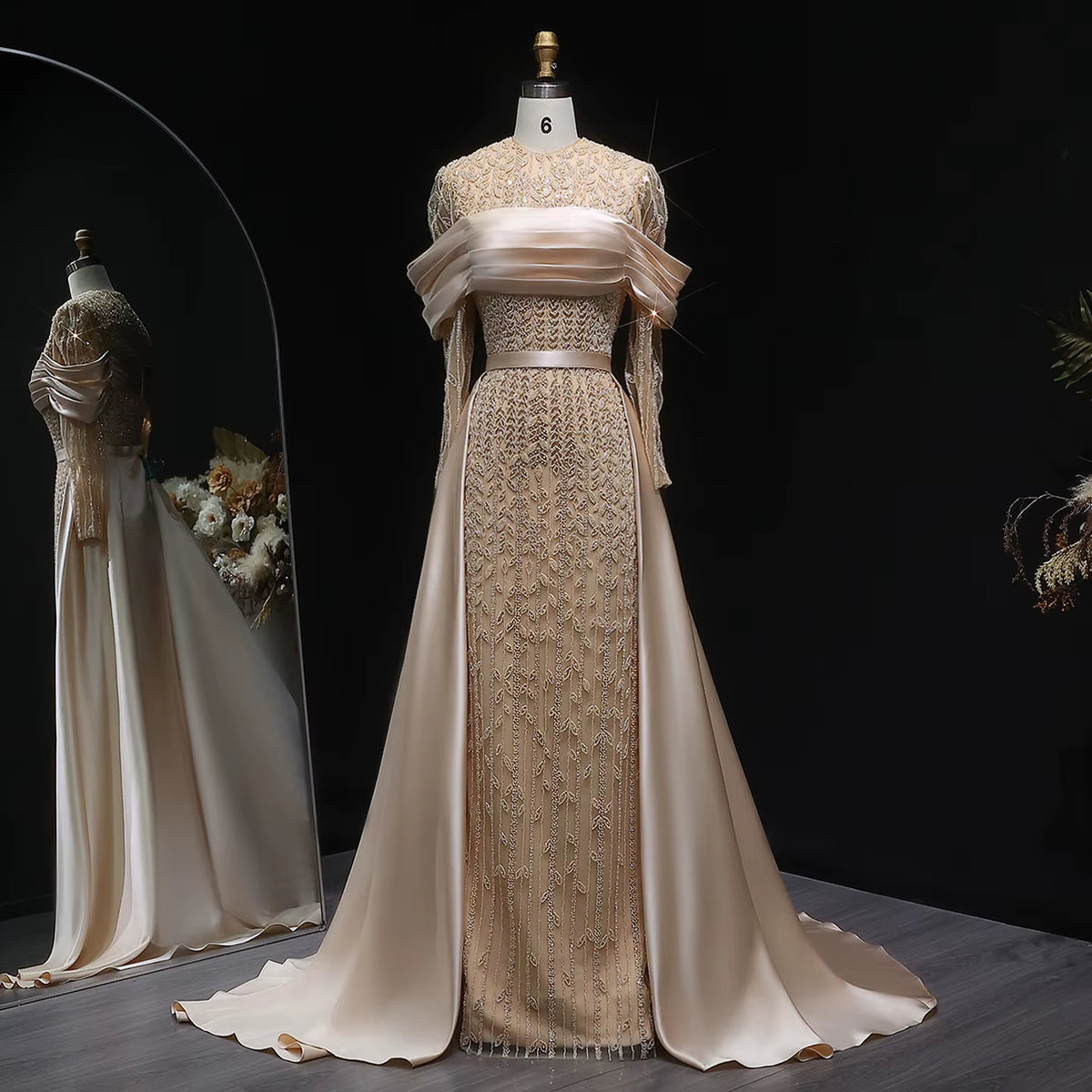 Luxury Champagne Arabic Beaded Evening Dress with Overskirt SS253