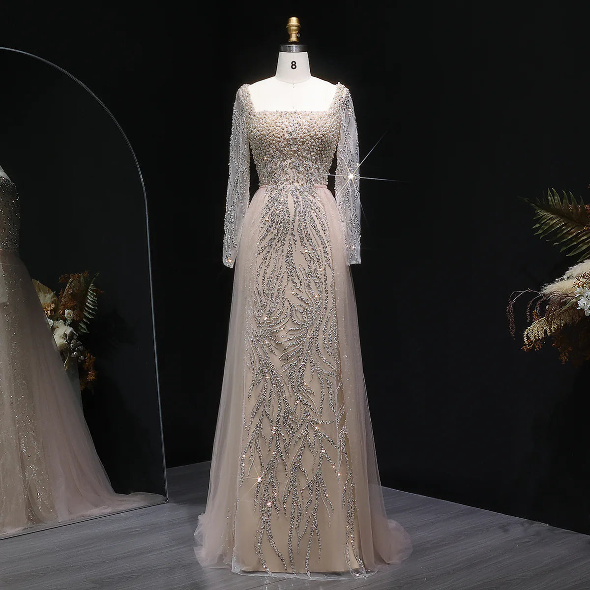 Champagne Sparkle Long Sleeve Prom Dress with Overskirt SS632