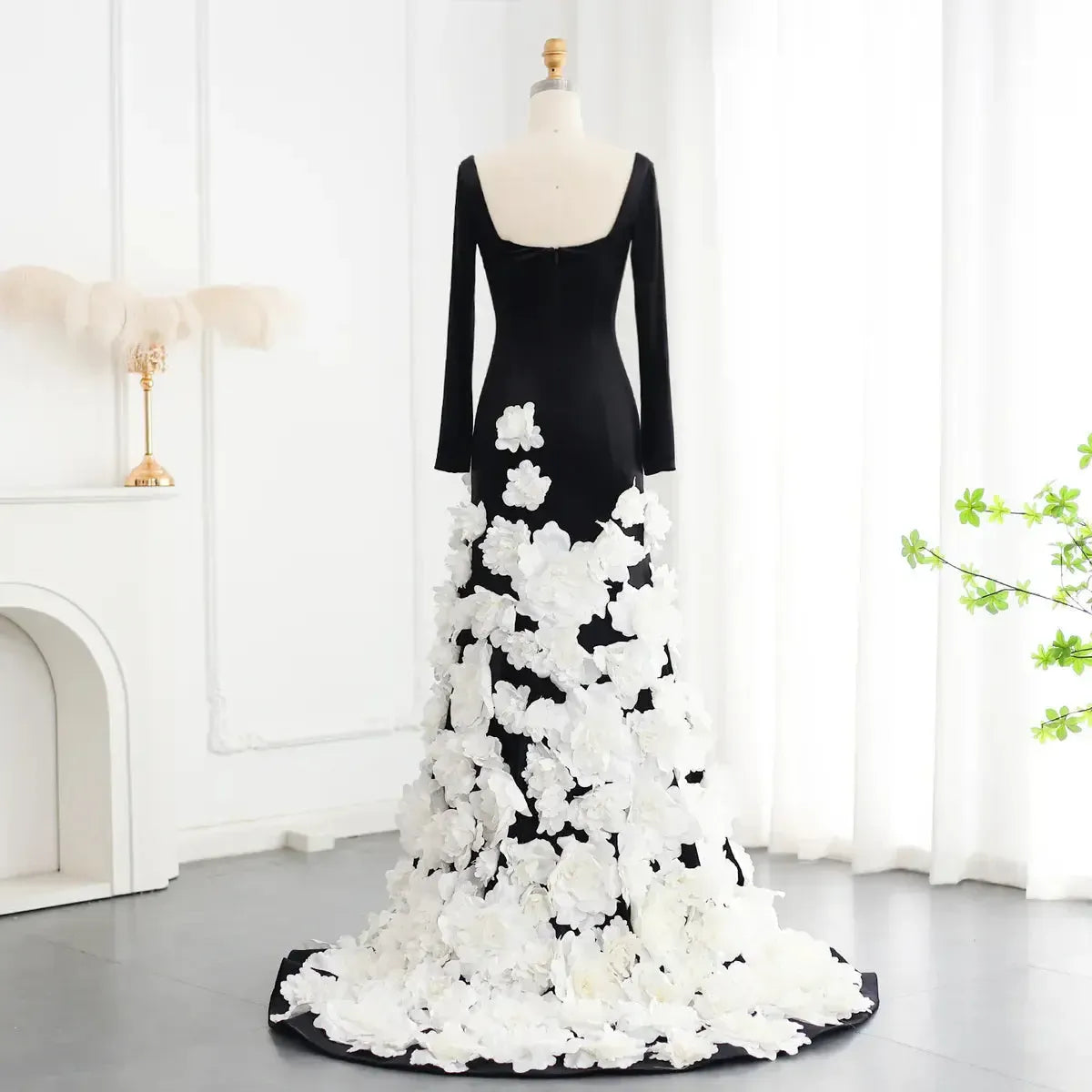 Chic 3D Flowers Black Velvet Mermaid Evening Dresses with Gloves Strapless Arabic Women Wedding Party Gowns SS248