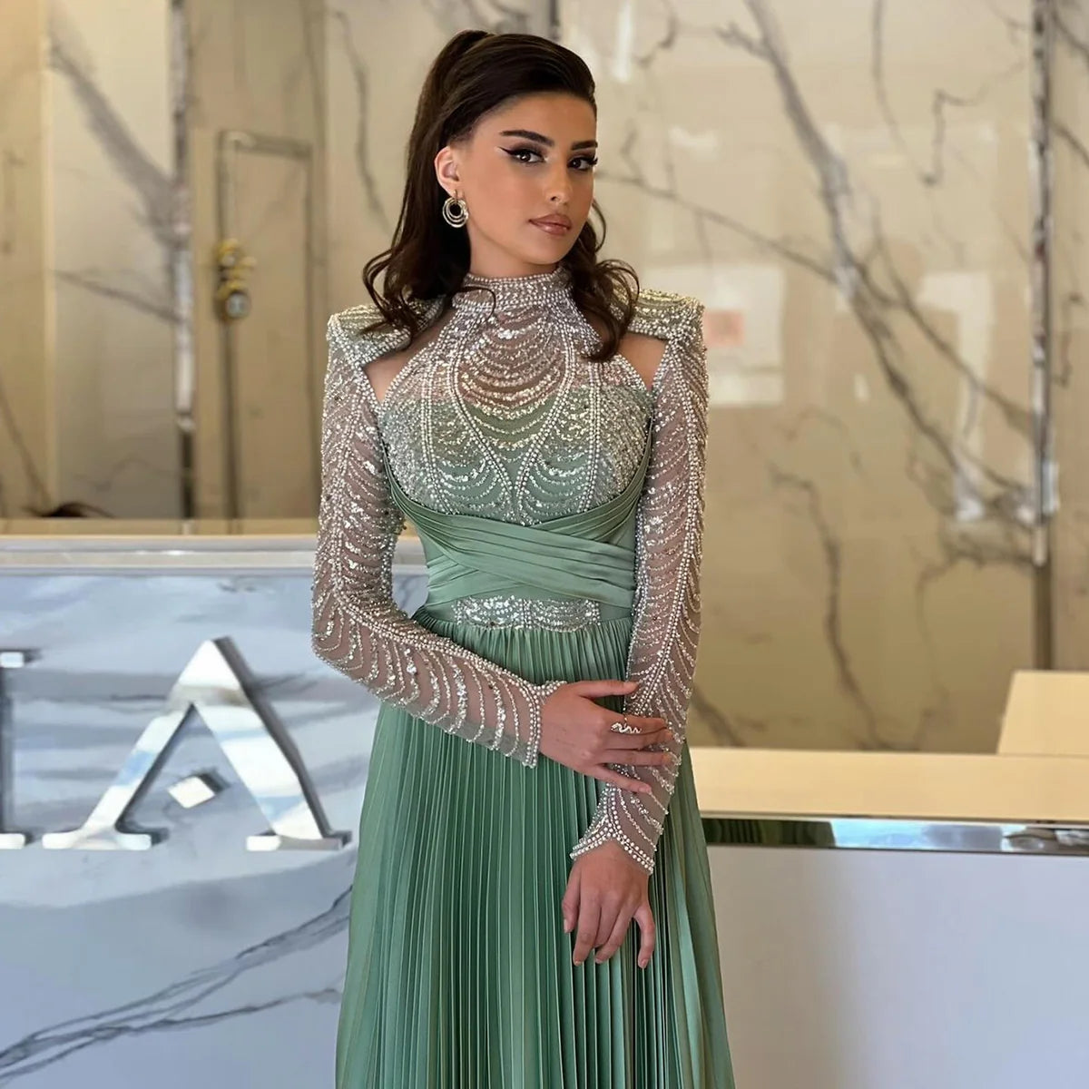 Chic Green Pleated Evening Dress with Beaded Long Sleeves SS152