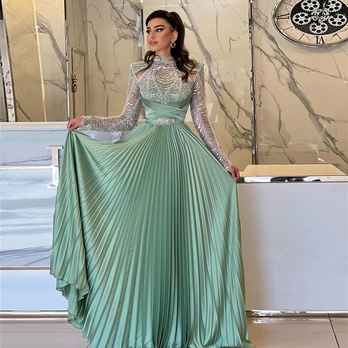 Chic Green Pleated Evening Dress with Beaded Long Sleeves SS152