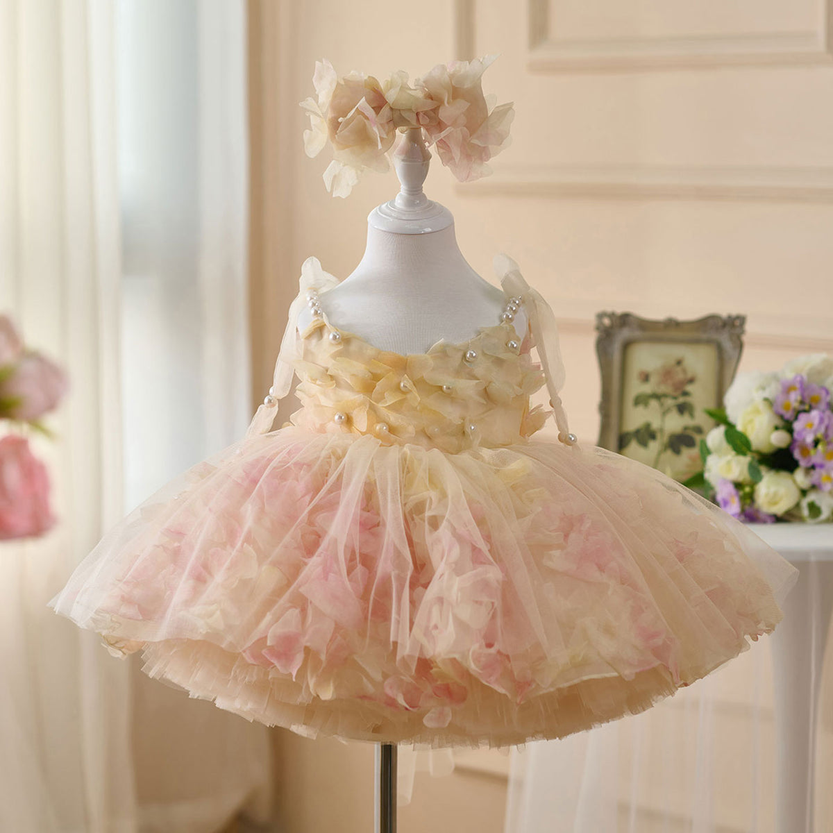 Jill Scoop Pearl Sling Flower Girl Dress With Bow Sleeveless D053