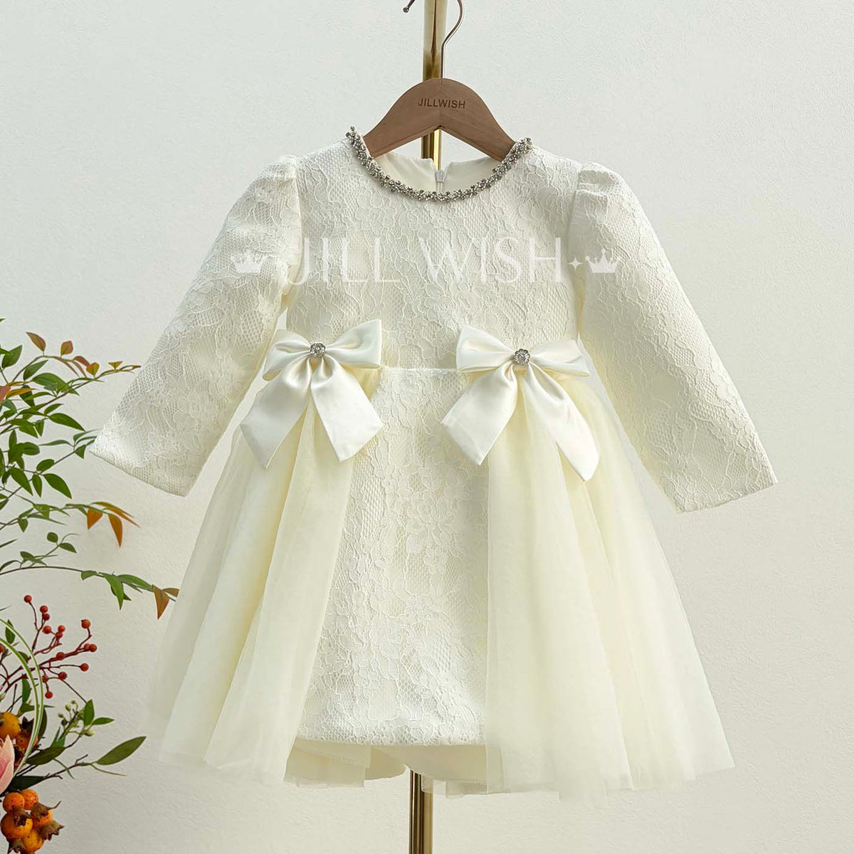 White Girl Dress Long Sleeve Knee Length Princess Birthday Gown D206