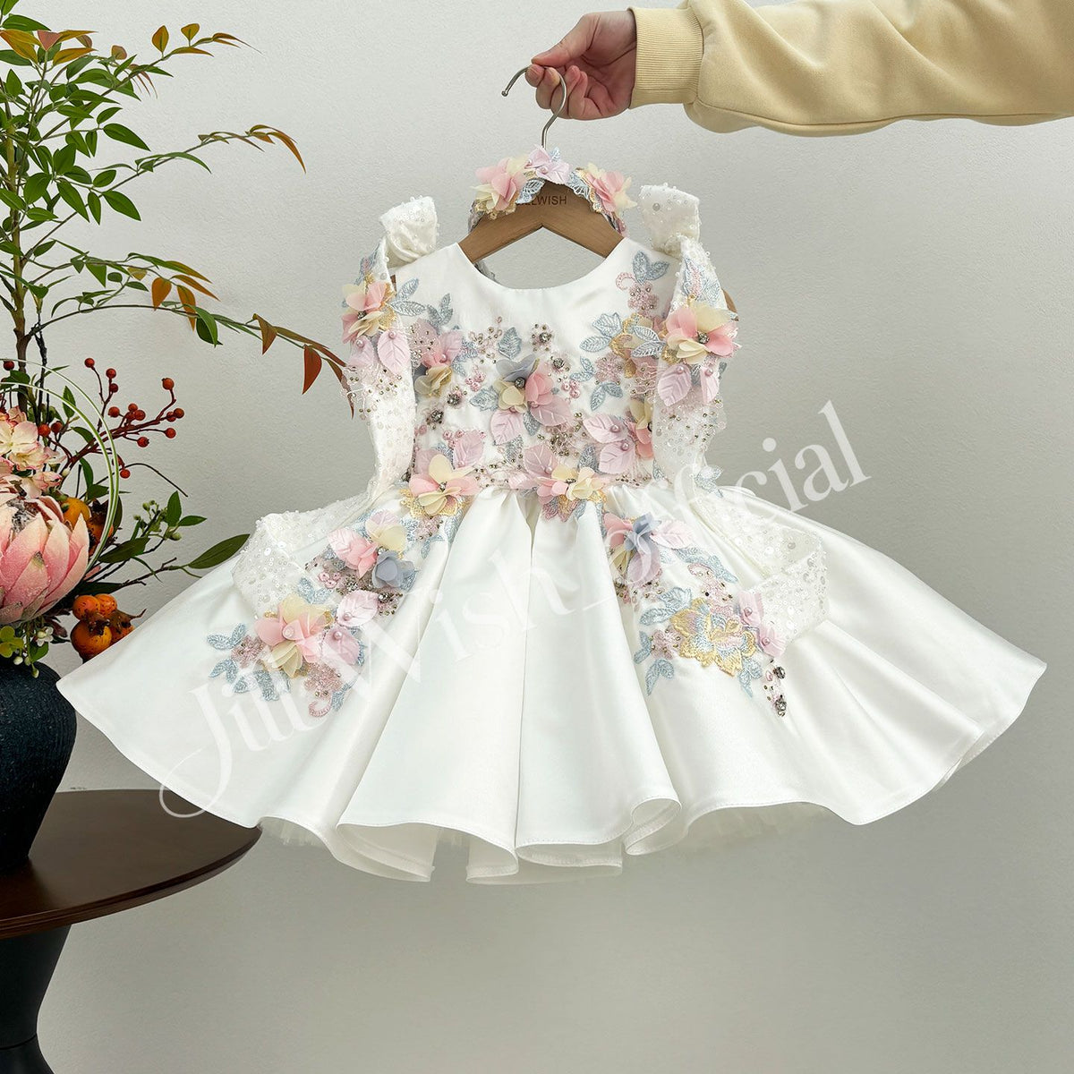 Girls' Luxury Satin Flower Girl Dress 3D Floral Embroidery Gown with Bow & Headband D247