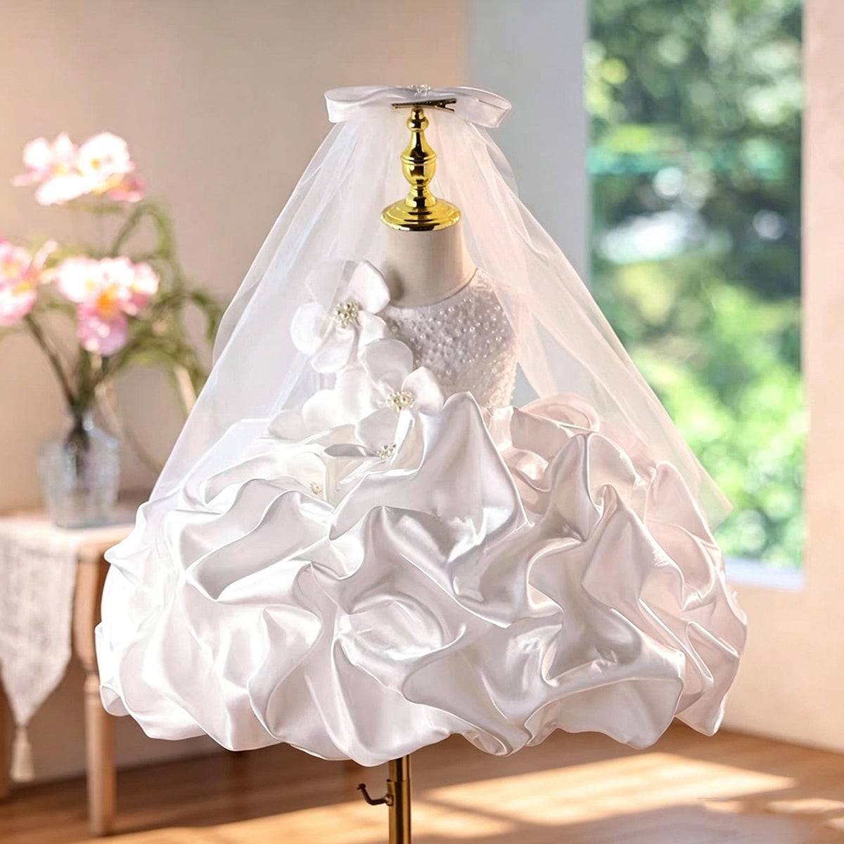 White ruffle flower girl dress D294