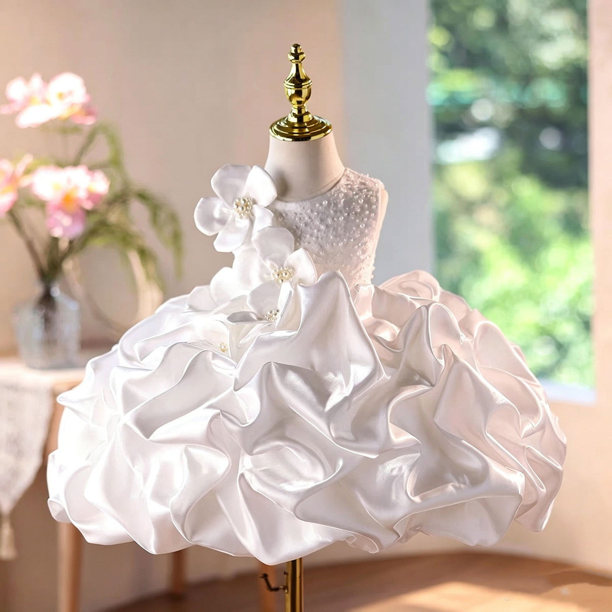 White ruffle flower girl dress front view D294