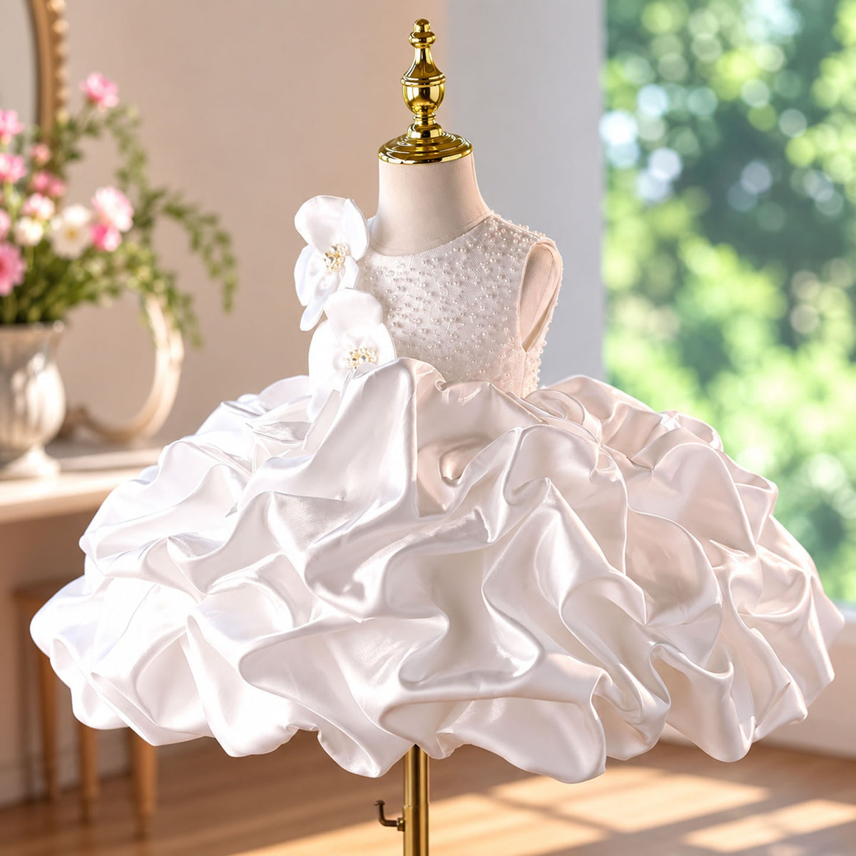 White ruffle flower girl dress detail D294