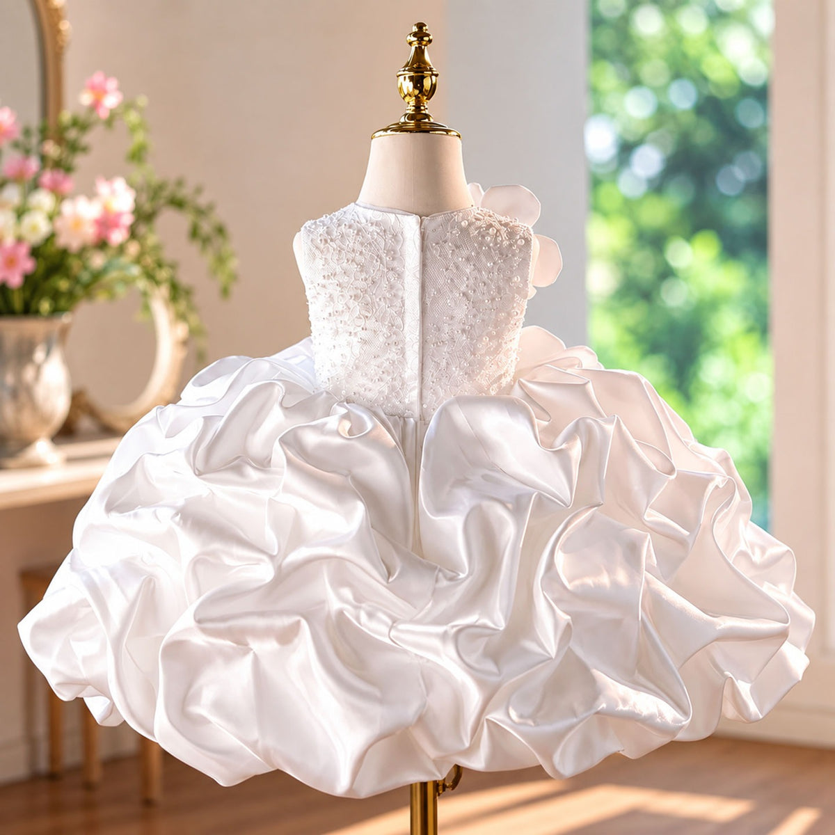 White ruffle flower girl dress side view D294
