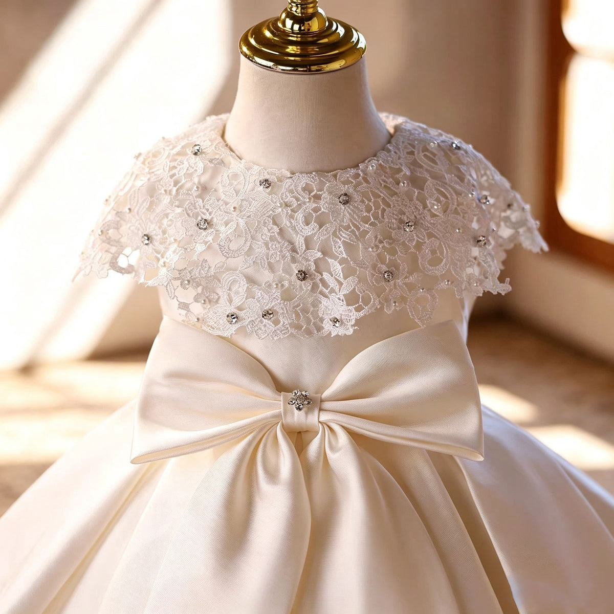 Ivory lace cape flower girl dress detail D295
