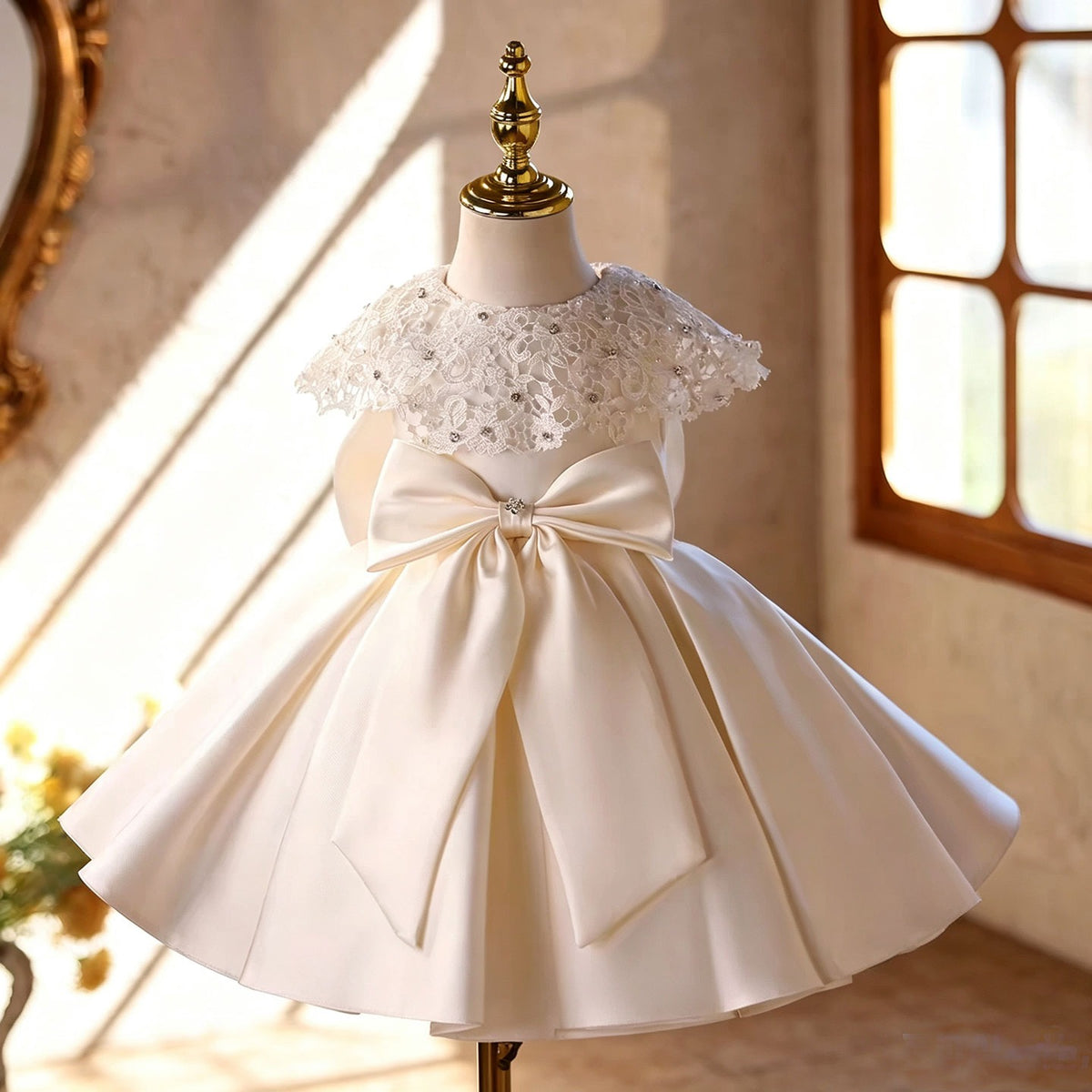 Ivory lace cape flower girl dress side detail D295