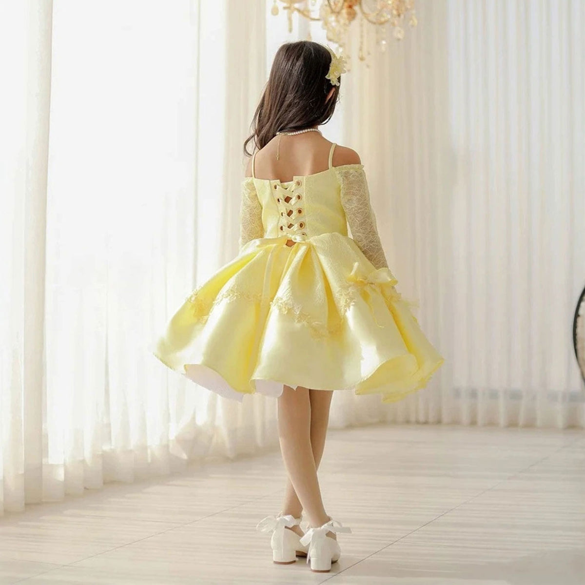 Yellow off shoulder flower girl dress D296