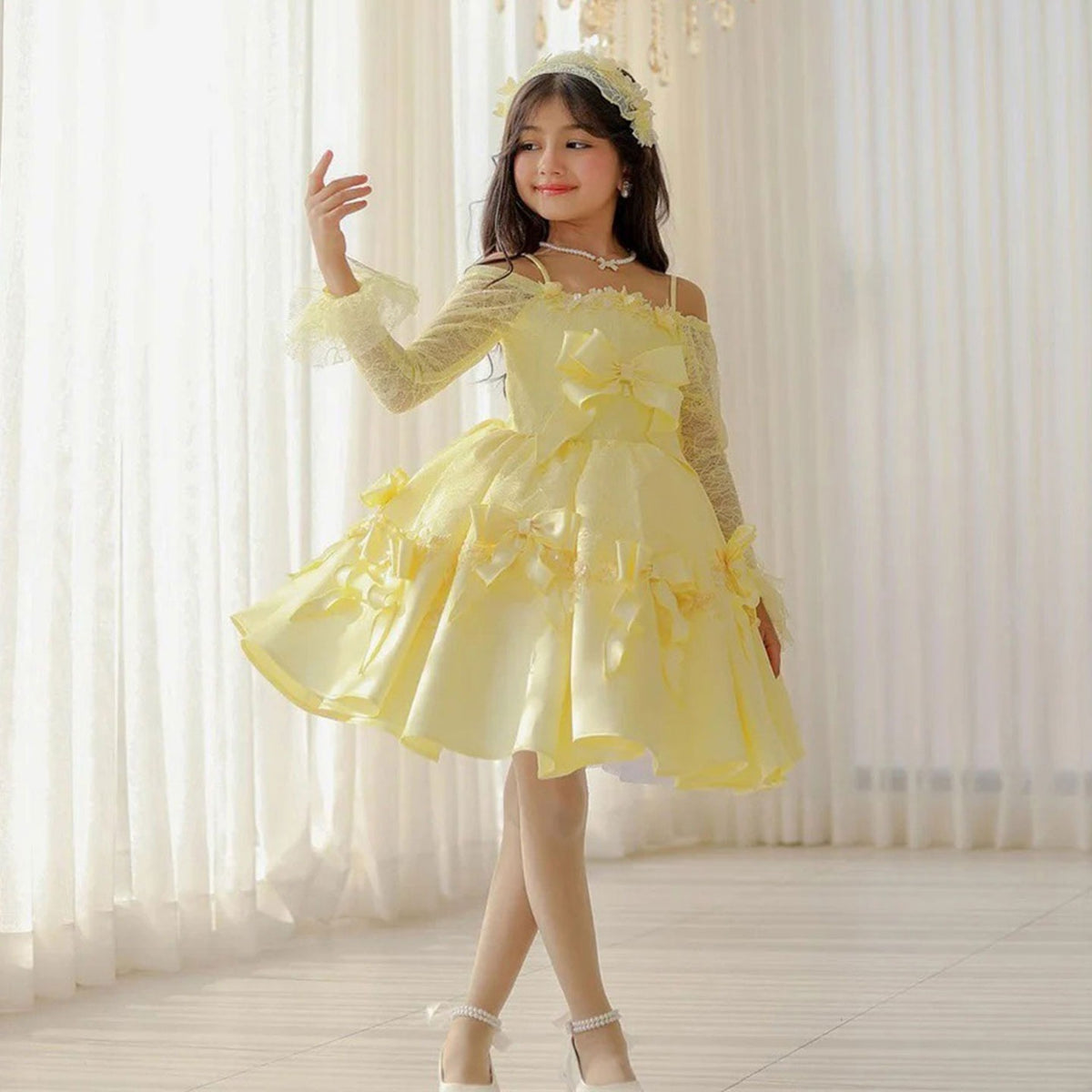 Yellow off shoulder flower girl dress front view D296