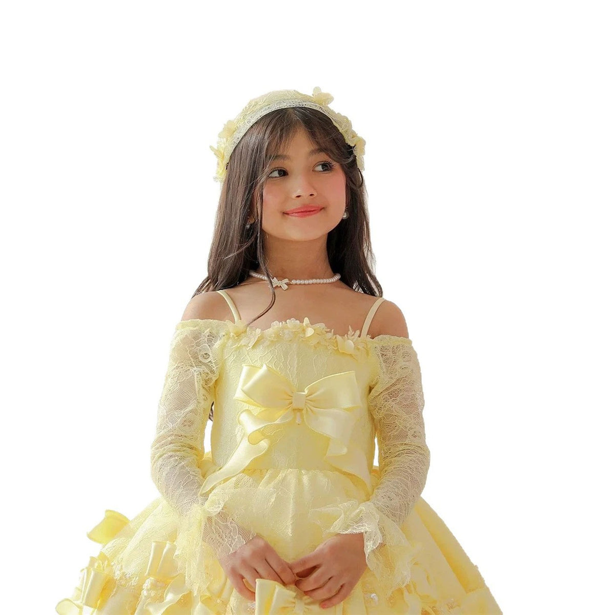 Yellow off shoulder flower girl dress back view D296