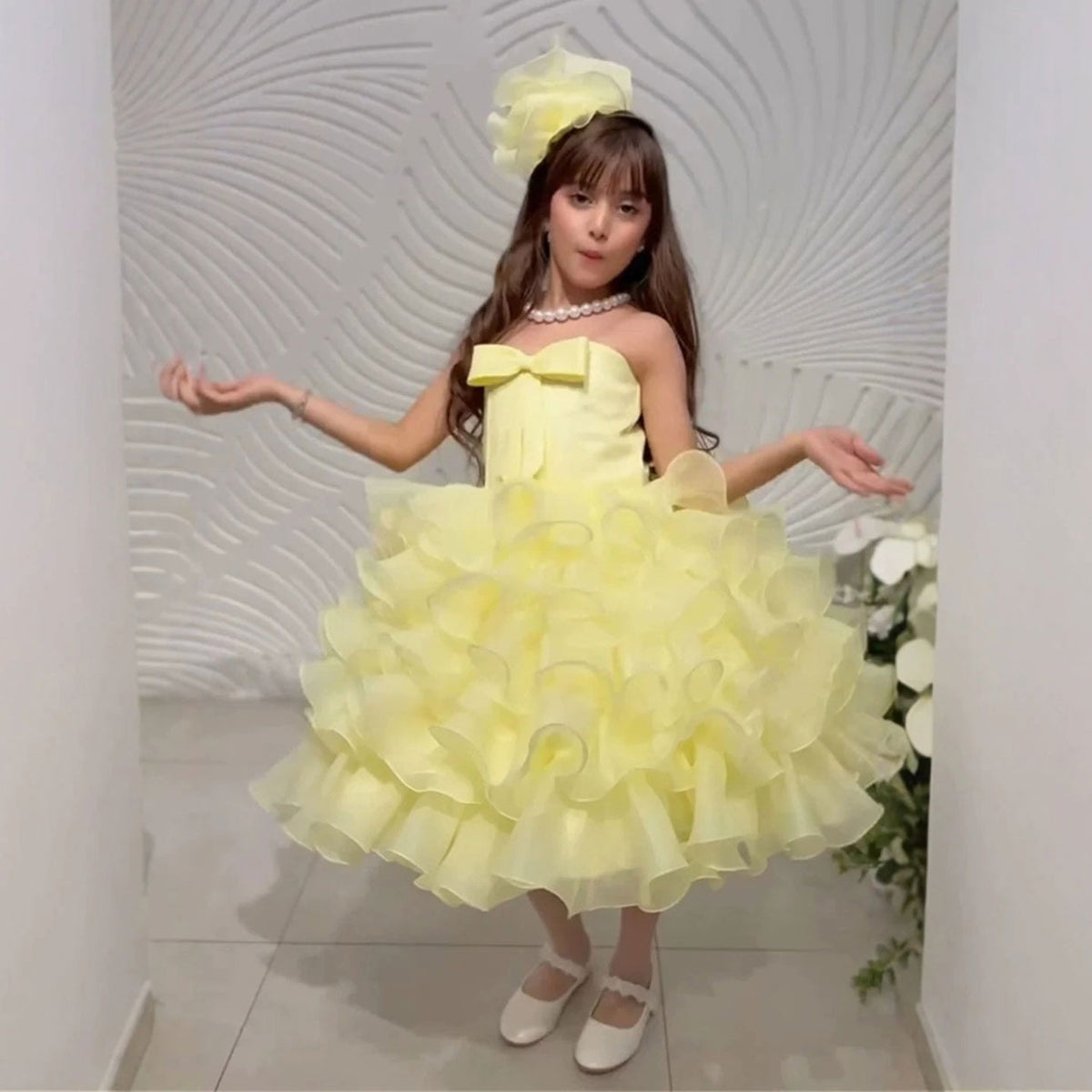 Yellow ruffle flower girl dress front view D297