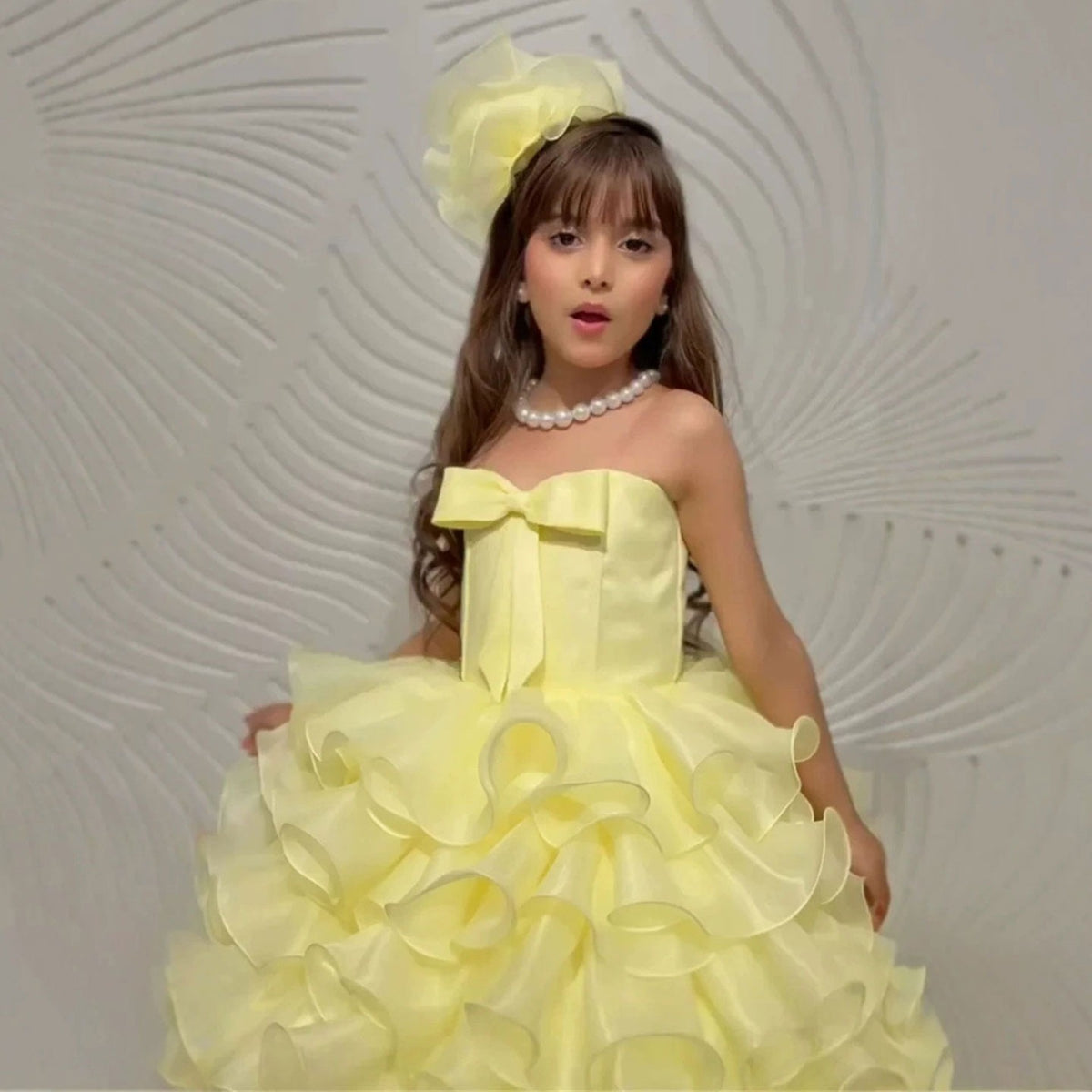 Yellow ruffle flower girl dress detail D297