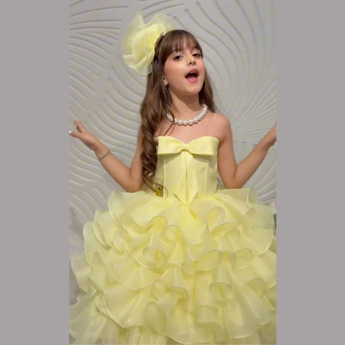 Yellow ruffle flower girl dress back view D297