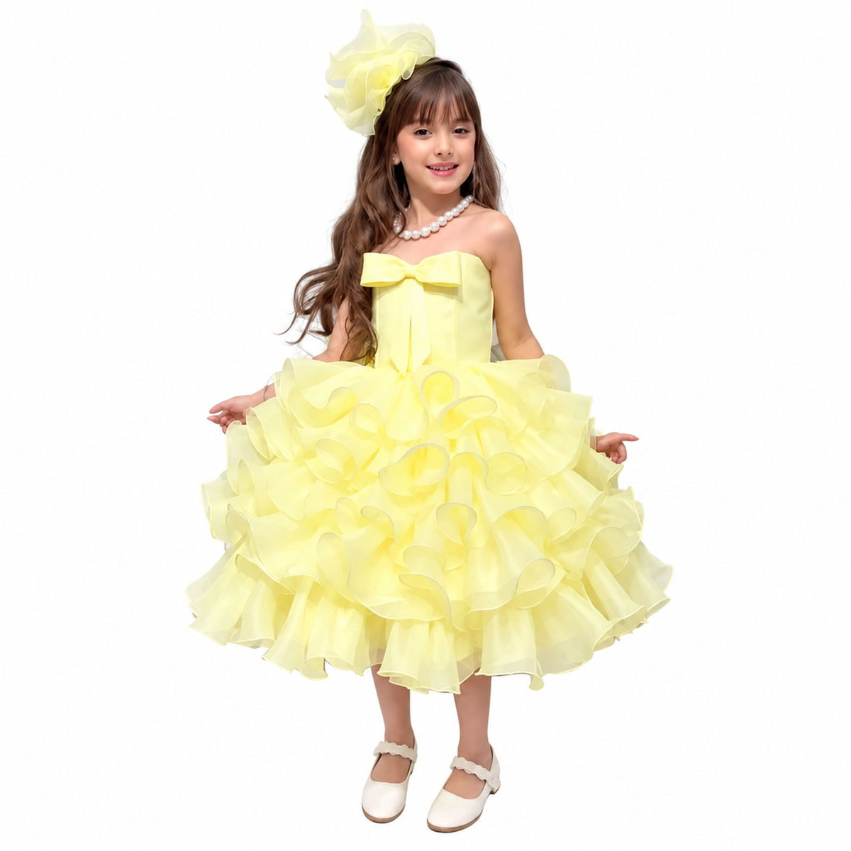 Yellow ruffle flower girl dress white background D297