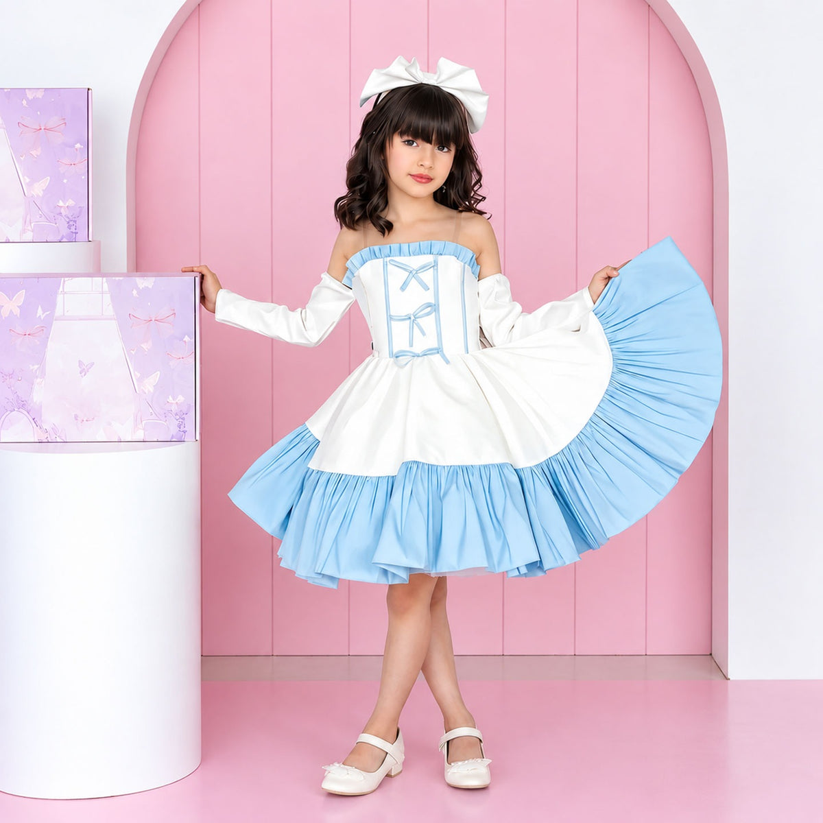 Blue contrast ruffle flower girl dress D298