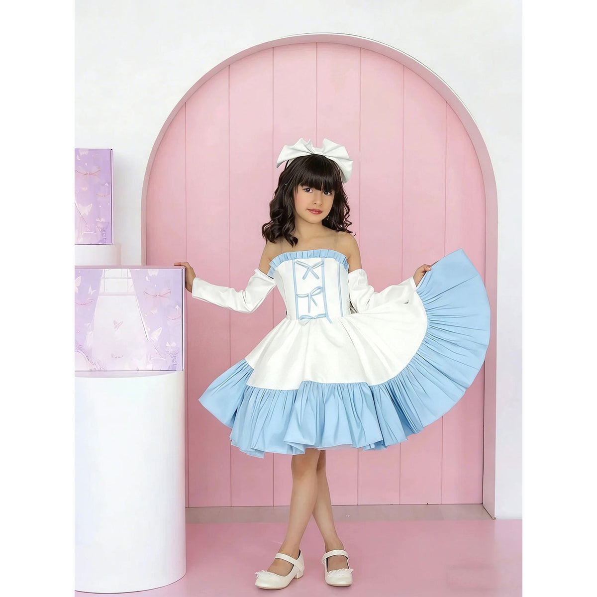 Blue contrast ruffle flower girl dress D298