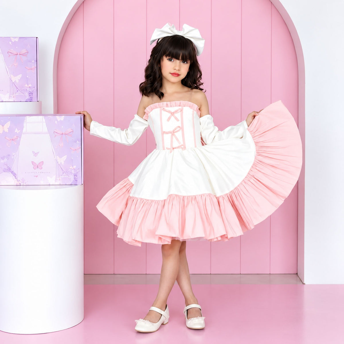 Pink contrast ruffle flower girl dress D298