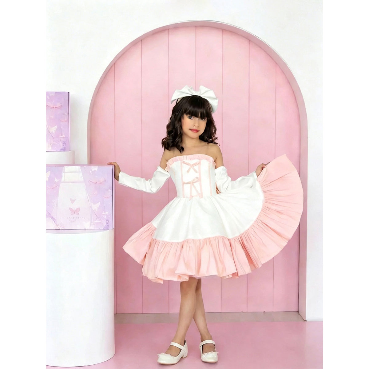 Pink contrast ruffle flower girl dress D298