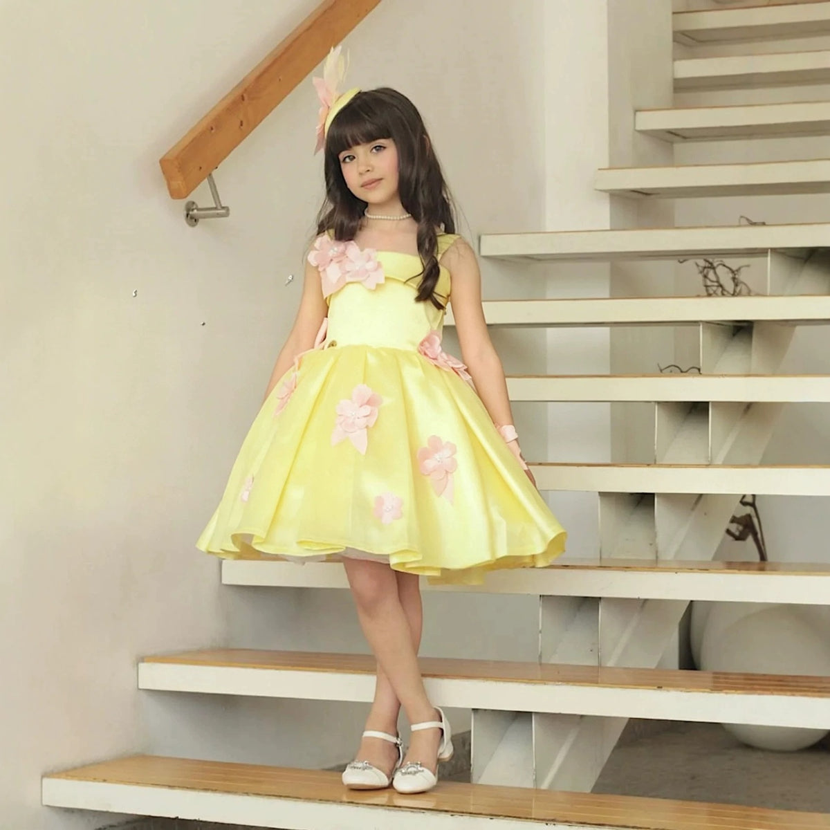Yellow flower girl dress with pink floral accents and back bow D300