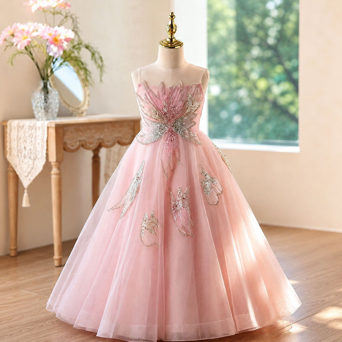 D365 pink butterfly tulle flower girl dress front view