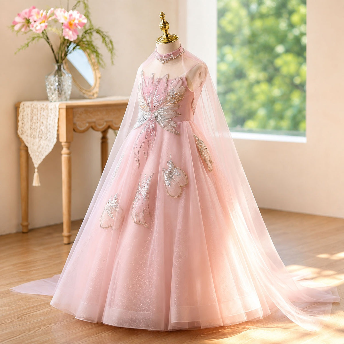 D365 pink butterfly tulle flower girl dress side view