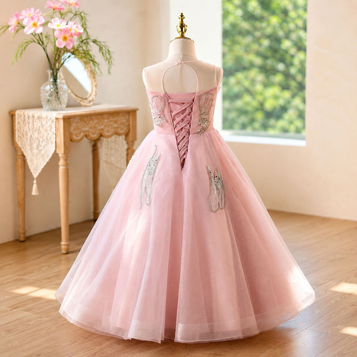 D365 pink butterfly tulle flower girl dress back view