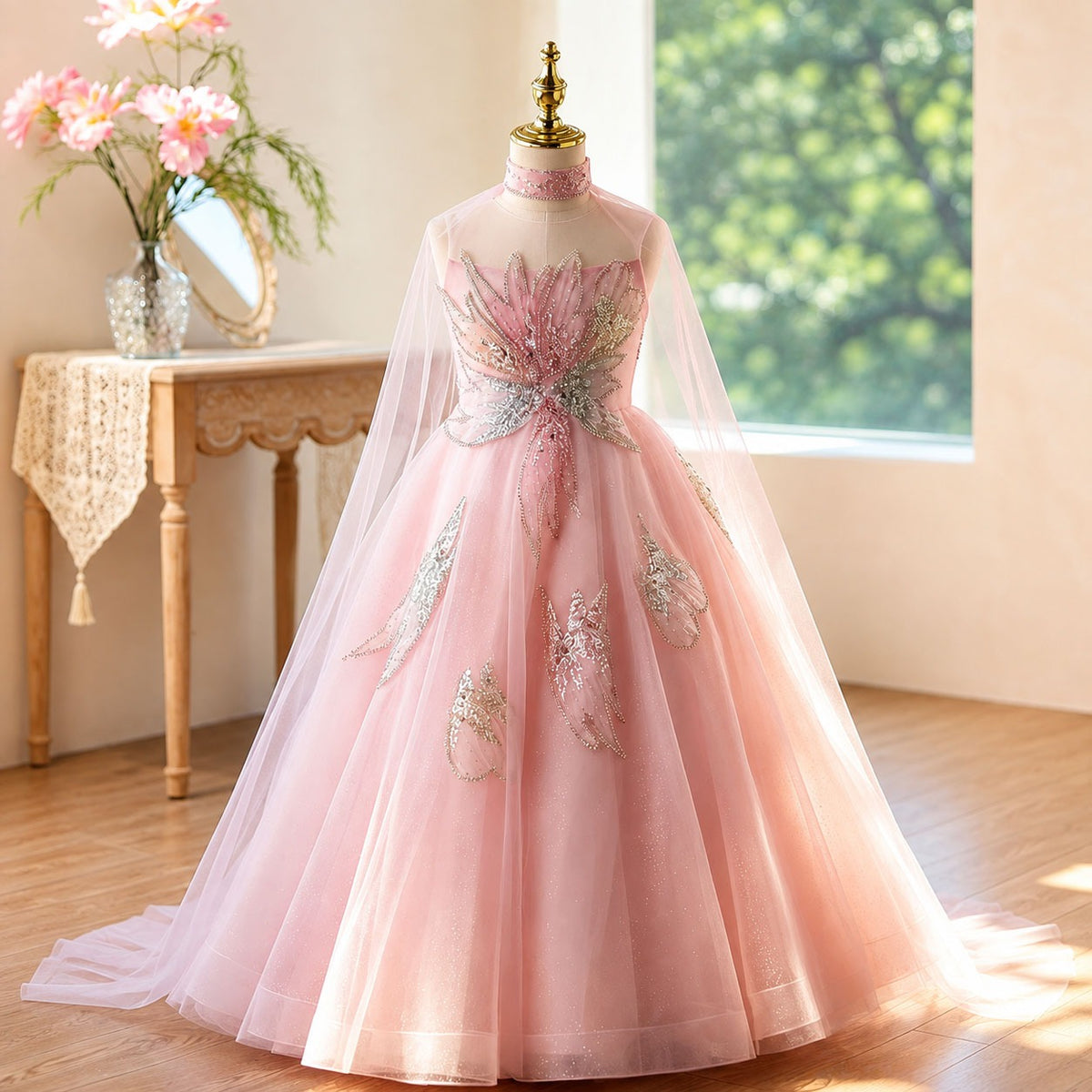 D365 pink butterfly tulle flower girl dress detail view