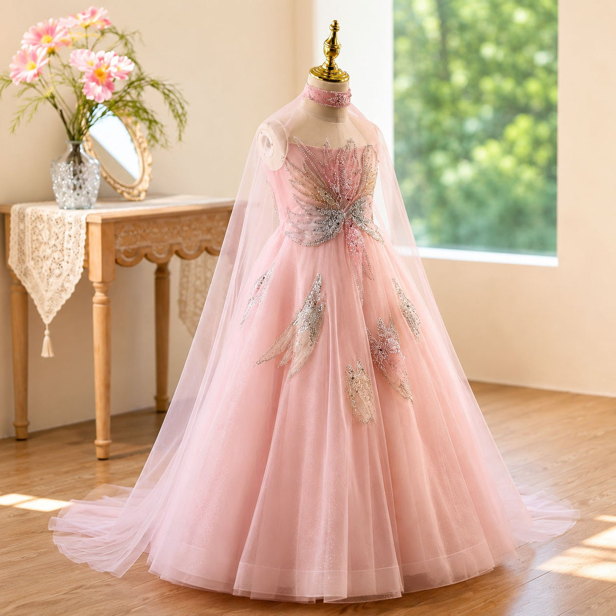 D365 pink butterfly tulle flower girl dress close-up